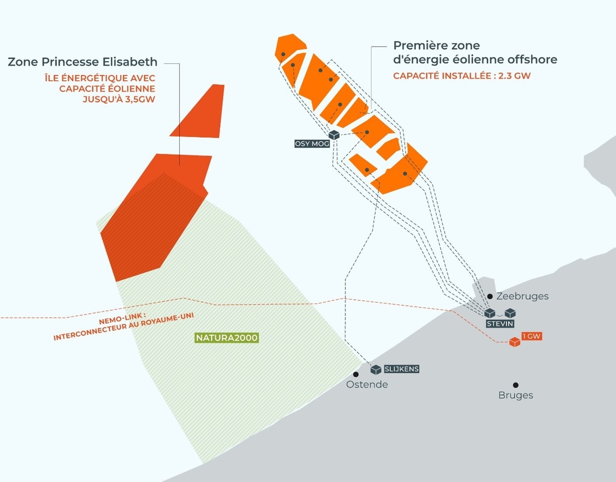 En rouge, le positionnement de la future île Princesse Élisabeth et des parcs éoliens associés. En orange, les localisations des neuf parcs éoliens déjà installés.