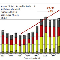 Evolution de l'activité inventive internationale dans le domaines des terres rares (CAGR : taux de croissance annuel moyen)