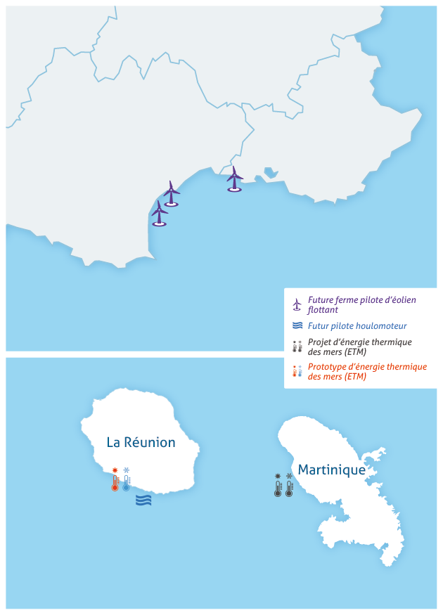 Carte des nergies marines - Sud de la France / La Runion / Martinique